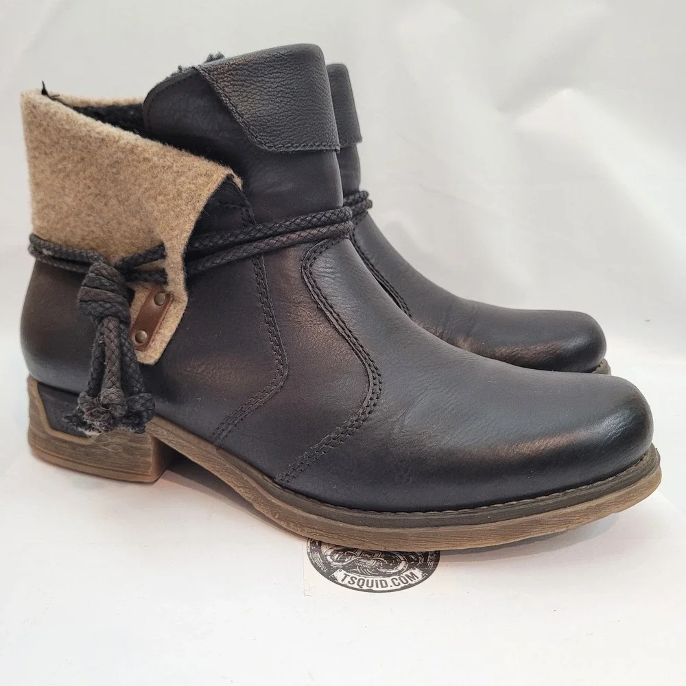 Rieker Ankle Boots Womens 9.5 Black Leather Wool Trim Side Zip 79693-00
